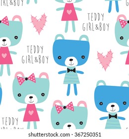 seamless girl and boy teddy bear pattern vector illustration