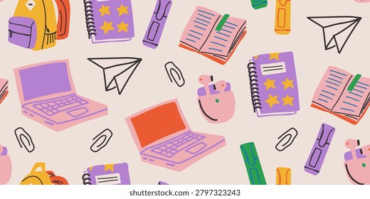Seamless girl student pattern with laptop, headphones, books, backpack, notebooks, markers, and cute study accessories in soft pink and pastel colors on a light background, playful back to school repeat design for kids fabric, stationery, classroom decor, wallpaper, and educational projects