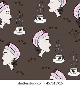 Seamless with girl which smells the aroma of coffee on the brown background