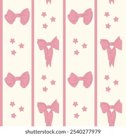 Seamless girlhood pattern with pink bows and vertical stripes on light background, perfect for wrapping or decorative use. Vector romantic pattern illustration