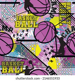 seamless girlish basketball pattern. Pink sports background
