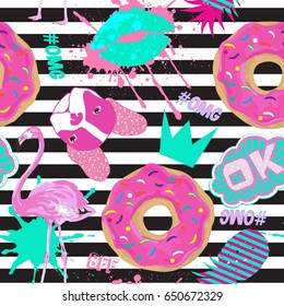 seamless girlish pattern. Fancy bright repetition pattern with Donut, flamingos, pug, lips, pineapple  on stripes background.