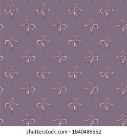 Seamless girlish pattern. Pink bows with a black outline on a purple background. Wallpaper from bows for girls. Vector illustration