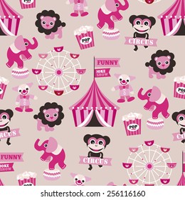 Seamless girls circus animals theme elephant clown monkey and ferris wheel illustration background pattern in vector