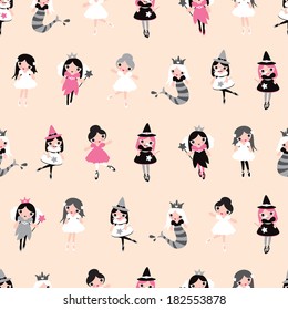 Seamless girls illustration dress up fantasy character halloween and princess background pattern in vector