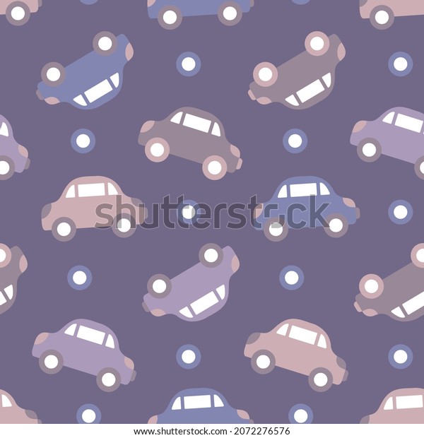 Seamless girls pattern with cute cars. Nice lilac-pink\
ornament for little auto-ladies. Perfect for charming fabrics,\
covers, stationery, wallpapers. Flat vector cute illustration\
without outline. 