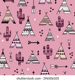 Seamless girls pink teepee tent arrow and cactus botanical indian summer illustration background western pattern in vector