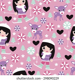 Seamless girls reindeer and ski trip snow flakes christmas theme wrapping paper illustration background pattern in vector