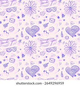 Padrão de rabiscar feminino sem costura com elementos desenhados à mão, como corações, flores, batom e mensagens de ‘obrigado’. Perfeito para embrulho de presente, papelaria, marca feminina ou impressões têxteis.
