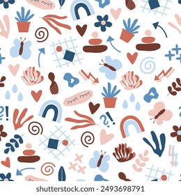 Seamless girly pattern with cute elements such as rainbow, plants, hearts and buttrflies on white background