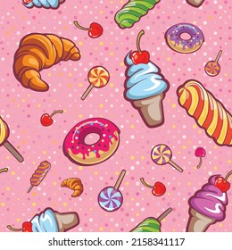seamless girly pattern with ice cream croissants lollipops donuts and cherries