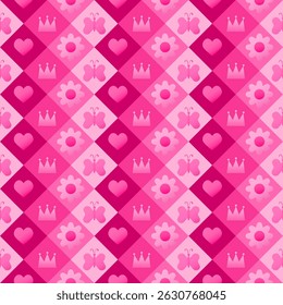 Seamless girly pink pattern. heart, butterfly, crown and flower elements. pink background