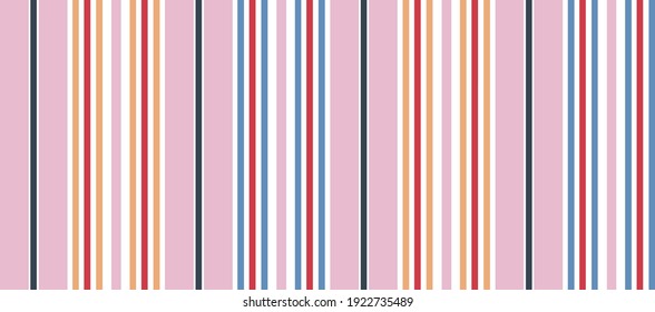 Seamless girly stripe pattern with ฺNavy blue, Red and white with yellow vertical parallel stripes in a pink background. can be used for textile, wallpaper, wrapping, fabric. 