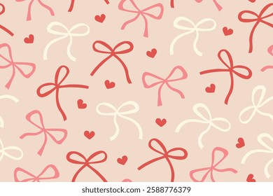 seamless girly, valentine's day pattern with ribbon bows and hearts; great for wrapping, greeting cards, social media graphics- vector illustration