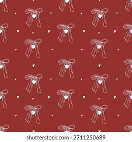 Seamless girly Valentines Day pattern with ribbon bows and hearts. Vintage background with wedding accessories. Vector retro flat illustration of white icons on a red background