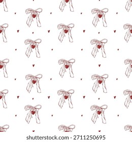 Seamless girly Valentines Day pattern with ribbon bows and hearts. Vintage background with wedding accessories. Vector retro flat illustration of red icons on a white background