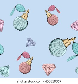 Seamless glamour pattern with diamonds and perfumes
