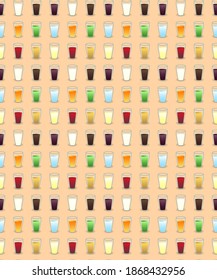 Seamless glasses with different color drinks pattern, vector illustration