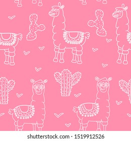 Seamless Glasses llamas Animal Pink Color Pattern. Vector Art EPS 10.