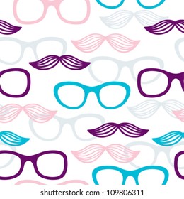 Seamless glasses and mustache pattern in purple, pink and blue color