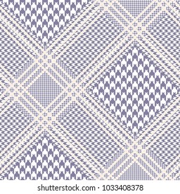 Seamless glen plaid pattern in dusty purple and white with cream overcheck. Classic Prince of Wales fabric texture in pastel color palette.