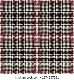 Seamless glen plaid pattern. Fabric tartan check texture in black, pink red, and off whtie for jacket, coat, skirt, or other modern tweed textile print. Background for autumn and winter clothing.