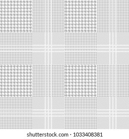 Seamless glen plaid pattern in grey and white with pale silver grey overcheck. Classic Prince of Wales fabric texture in pastel color palette.