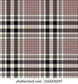Seamless glen plaid pattern. Hounds tooth check plaid tartan background texture in black, red, and off white for jacket, skirt, trousers, or other modern autumn or spring tweed textile design.