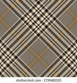 Seamless glen plaid pattern. Hounds tooth diagonal check plaid texture in black and gold for jacket, skirt, trousers, dress, or other modern autumn, winter, or spring tweed textile design.