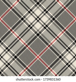 Seamless glen plaid pattern. Hounds tooth diagonal check plaid in black, red, off white for jacket, skirt, trousers, blanket, or other autumn and winter tweed fashion textile design.