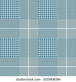 Seamless glen plaid pattern in teal and white with pale blue overcheck. Classic Prince of Wales fabric texture.