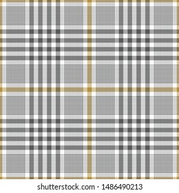 Seamless glen plaid pattern. Tweed check plaid in grey, gold, and white for skirt, jacket, coat, trousers, or other modern textile print.