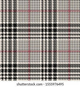 Seamless glen plaid pattern. Tweed check plaid abstract tartan background texture in nearly black, pink red, and off white for jacket, skirt, trousers, or other modern autumn or summer textile.