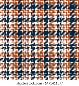 Seamless glen plaid pattern vector graphic. Ombre check plaid in dark blue, orange brown, and white for dress, jacket, coat, skirt, or other modern tweed textile design.