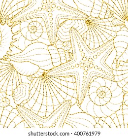 Seamless glitter background with starfish and seashells. Vector illustration with gold pattern.