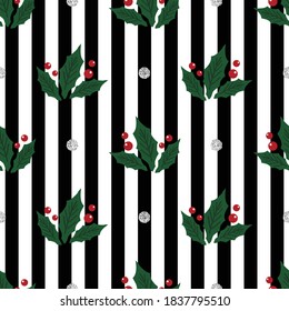 seamless glitter christmas holly pattern on stripe background