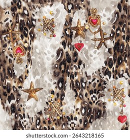 Seamless glitter leopard pattern with abstract leopard and tiger skin background elements isolated on denim texture in brown and golden yellow colors