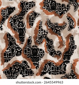 Seamless glitter leopard pattern with abstract leopard and tiger skin background elements isolated on denim texture in brown and golden yellow colors