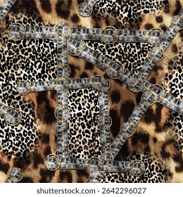 Seamless glitter pattern with abstract leopard and tiger skin background elements isolated on denim texture in brown, blue and silver colors