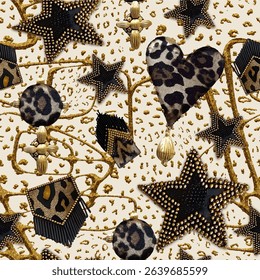 Seamless glitter star pattern with abstract leopard and tiger skin background elements isolated on denim texture in brown, gold and silver colors