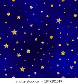 Seamless Glitter Stars vector pattern. Shiny stars, dots on dark blue background. Sparkles for holidays, New Year, Christmas, Birthday. Vector Xmas Magic night illustration for wallpaper, space print