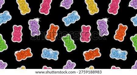 Seamless glitter sticker pattern with colorful gummy bears on black background. Bright shiny repeating candy texture for fabric, wrapping paper, stationery, scrapbook, prints and packaging.