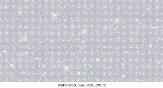 Seamless glitter texture. Shiny starry background with light sparkles. Bright festive surface with glittering  sparks. Realistic vector illustration.
