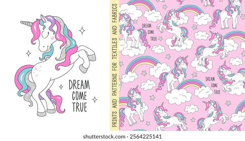 Seamless glitter unicorn pattern for t-shirts and fabric. Fashionable. Cartoon