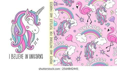 Seamless glitter unicorn pattern for t-shirts and fabric. Fashionable. Cartoon