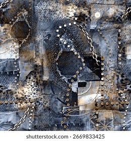 Seamless glittering chain pattern with abstract leopard and tiger skin background elements isolated on denim texture in brown, blue and silver colors
