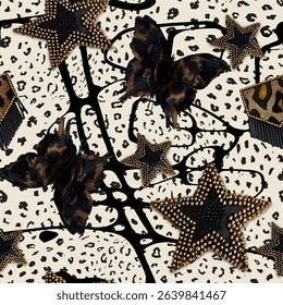 Seamless glittering star pattern with abstract leopard and tiger skin background elements isolated on denim texture in brown, black and silver colors