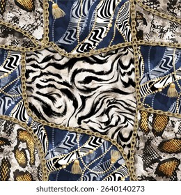 Seamless glittering star pattern with abstract leopard and tiger skin background elements isolated on denim texture in brown, blue and golden yellow colors