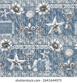 Seamless glittering star pattern with abstract leopard and tiger skin background elements isolated on denim texture in brown, blue and silver colors