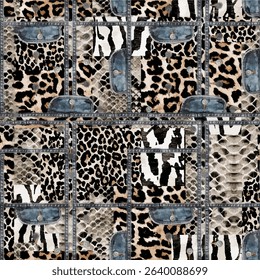 Seamless glittering star pattern with isolated abstract leopard and tiger skin background elements with denim texture in brown blue and silver colors